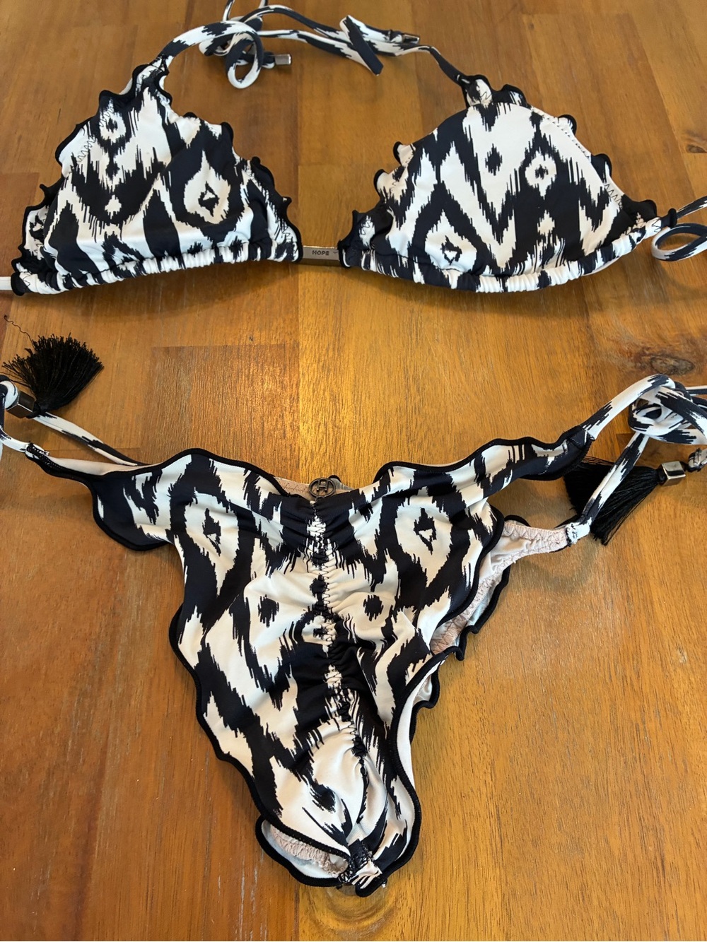 Hope's Black and White Ikat Scalloped Triangle Bikini
